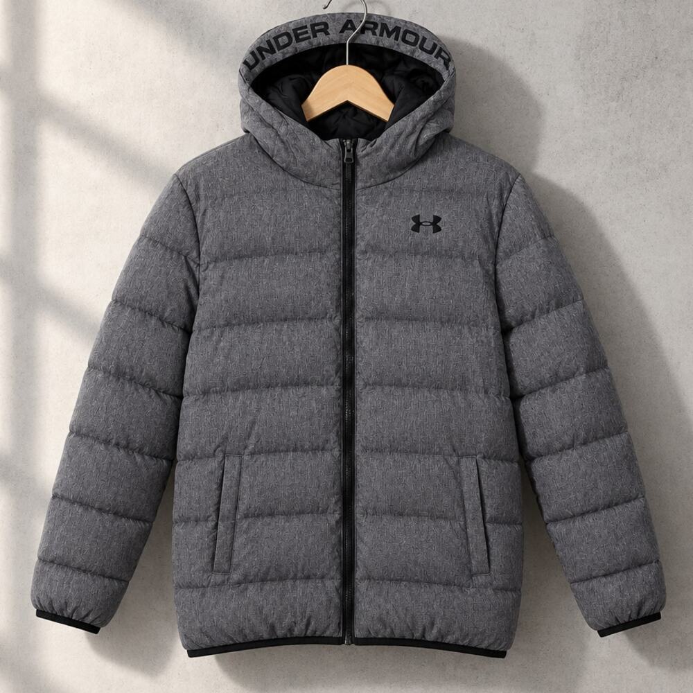 Under Armour Boys Large Gray Heather Pronto Hooded Puffer Jacket
